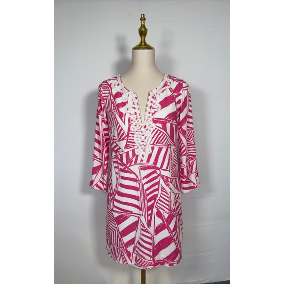 Lilly Pulitzer Dresses & Skirts - Lilly Pulitzer Pink White with Beaded Detail Shift Dress Size Small